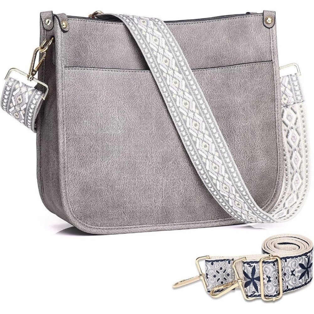 Women’s Silver Gray Leather Purse Zipped Pockets Crossbody Bag and Shoulder Bag